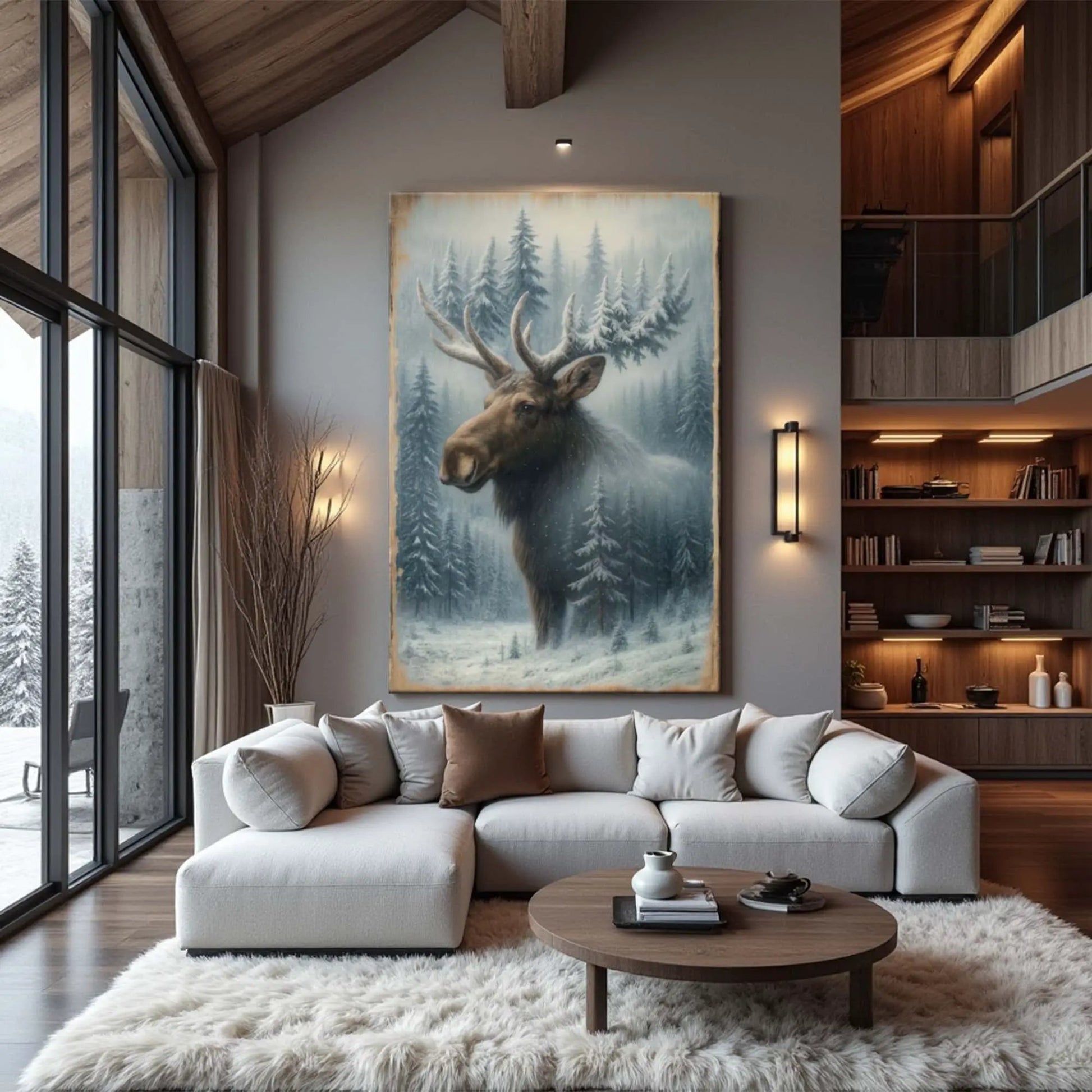Snowy Forest Moose Double Exposure Wall Art on Canvas, blue winter scene by Tailored Canvases on Tampa Home & Garden Store
