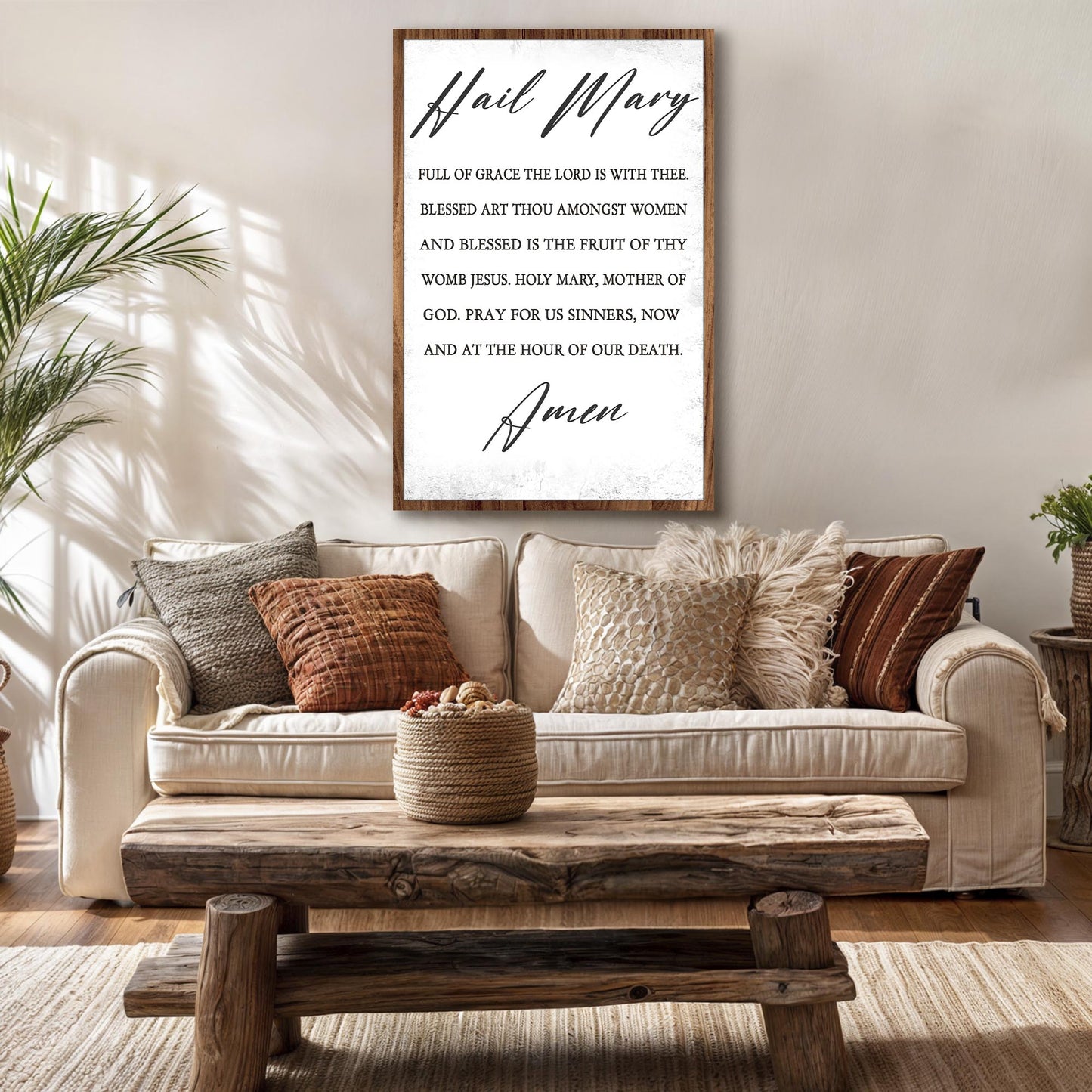 The Hail Mary Faith Sign canvas with white background and wood frame on Tampa Home & Garden Store