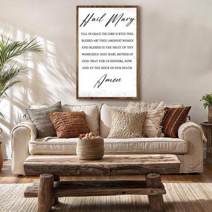 The Hail Mary Faith Sign canvas with white background and wood frame on Tampa Home & Garden Store