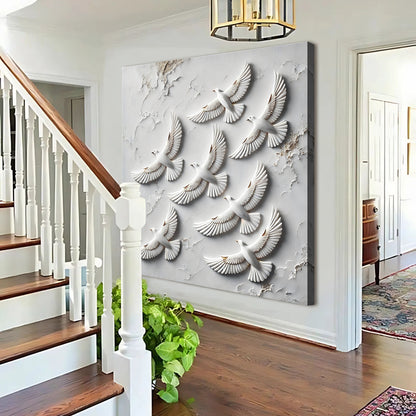 3D Birds Wall Art canvas by Tailored Canvases; white birds in relief on a textured gray panel on Tampa Home & Garden Store