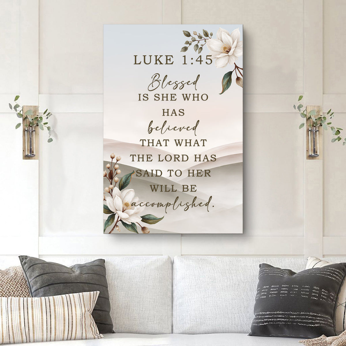 Canvas wall art Luke 1:45 Blessed is she who has believed, brown serif text with white magnolia flowers on Tampa Home & Garden Store