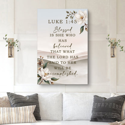 Canvas wall art Luke 1:45 Blessed is she who has believed, brown serif text with white magnolia flowers on Tampa Home & Garden Store
