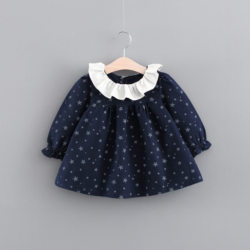 Stevvex navy star-print baby dress with white ruffle collar, long sleeves on Tampa Home & Garden Store