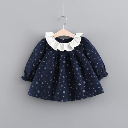 Stevvex navy star-print baby dress with white ruffle collar, long sleeves on Tampa Home & Garden Store