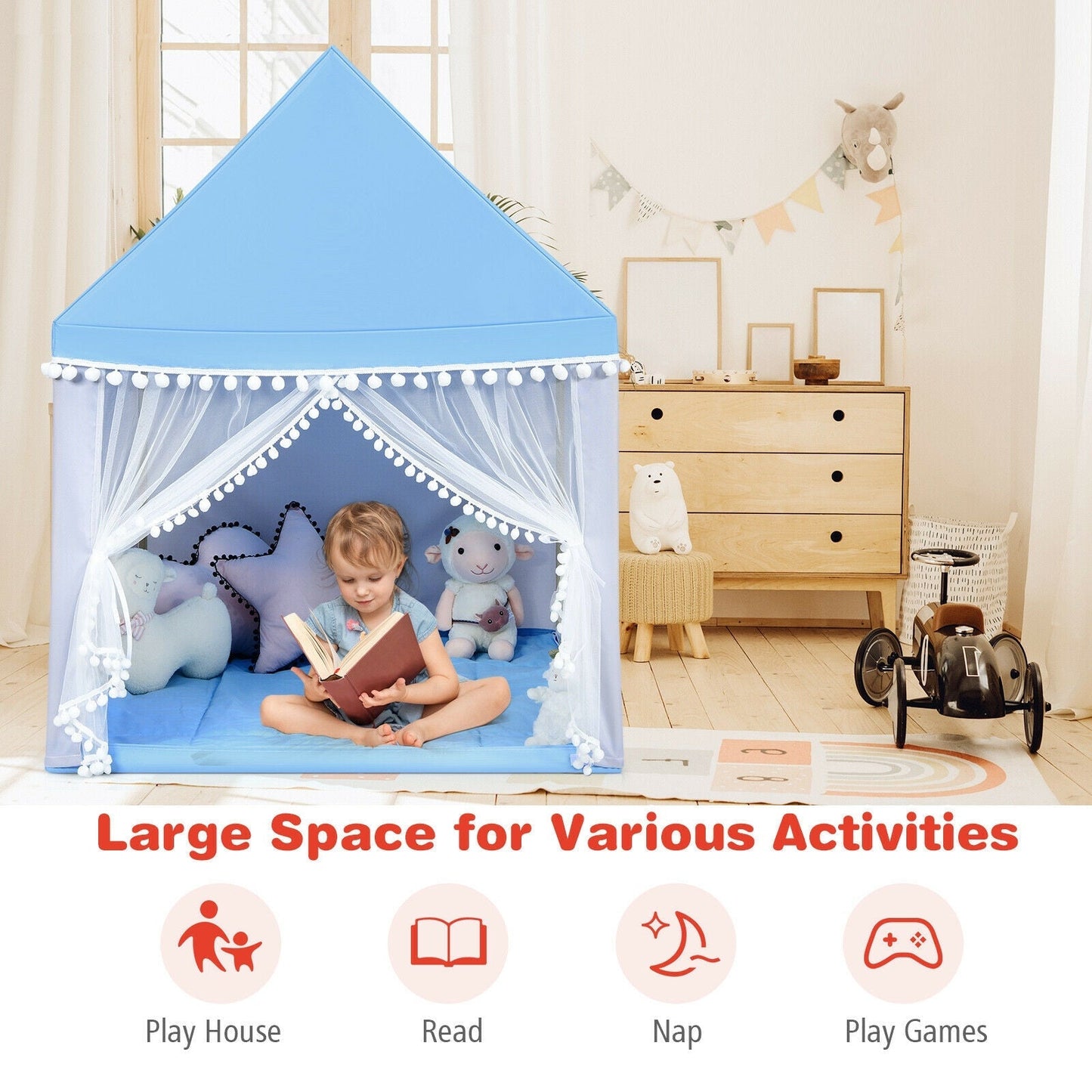 GemGear kids play tent large playhouse castle with blue roof and sheer curtains, child reading on Tampa Home & Garden Store