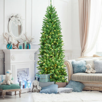 6 ft PVC hinged pre-lit artificial fir pencil tree with 150 warm lights in a living room on Tampa Home & Garden Store