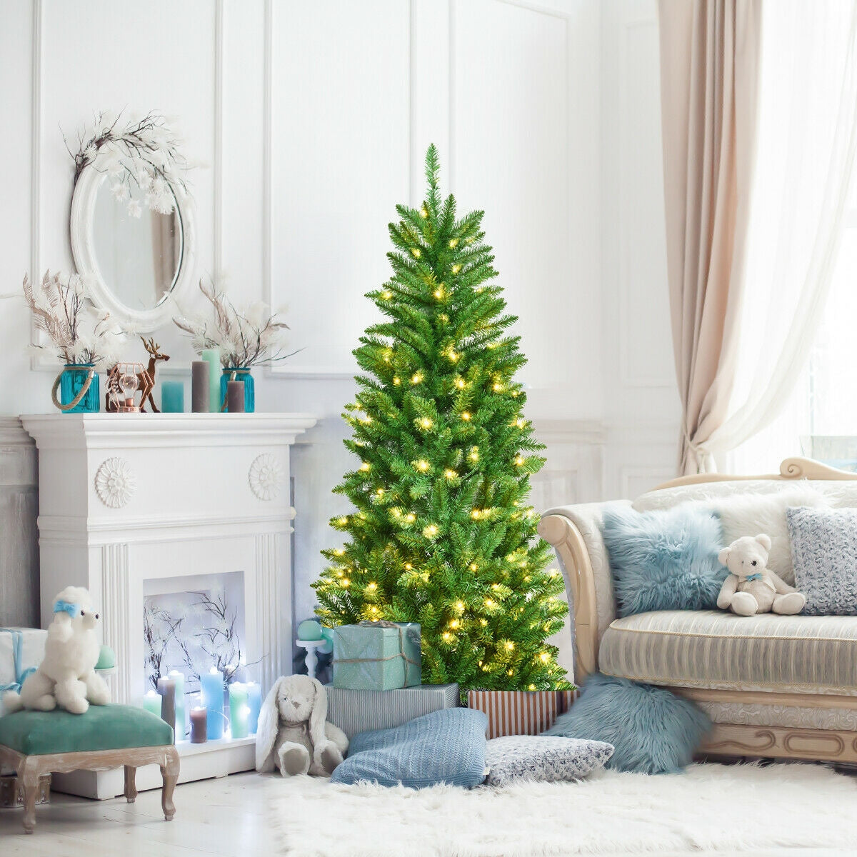 6 ft PVC hinged pre-lit artificial fir pencil Christmas tree with 150 white lights DirectDeals on Tampa Home & Garden Store