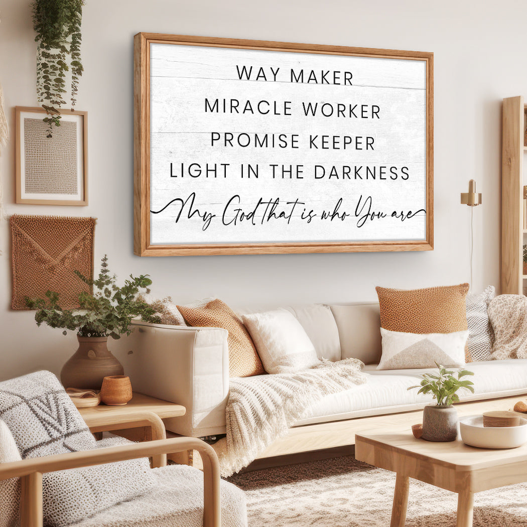 Wood-framed whitewashed canvas sign with black text Way Maker Miracle Worker Promise Keeper on Tampa Home & Garden Store