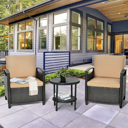 3 Pieces Patio Rattan Furniture Set Cushioned Sofa Storage Table with Shelf Garden - Tampa Home & Garden Store