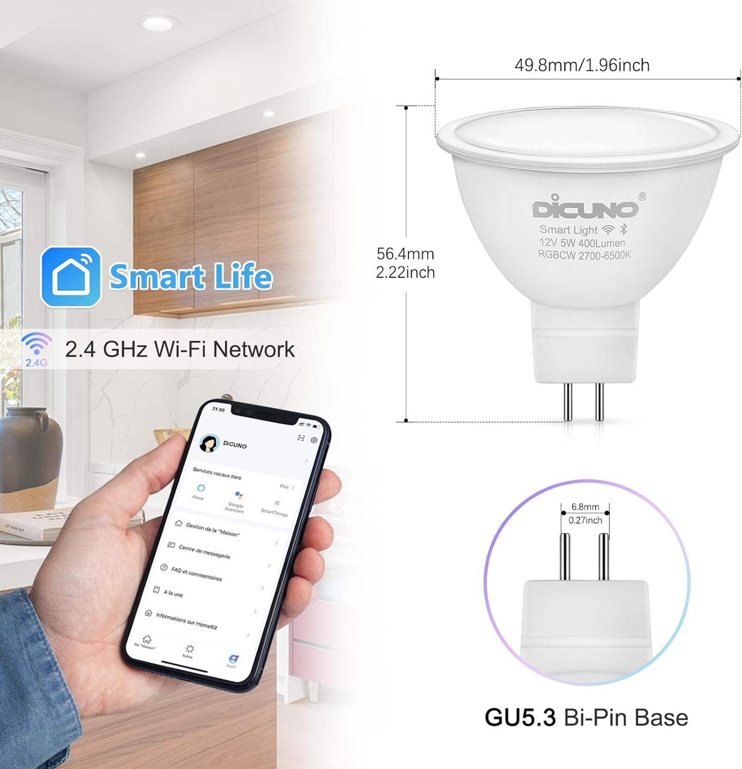 Paquete de 4 bombillas LED inteligentes RGBCW MR16 de 5 W con WiFi, ahorro de energía, cambio de color RGBCW, 12 V, para exteriores, compatible con Alexa, Google Assistant y Siri