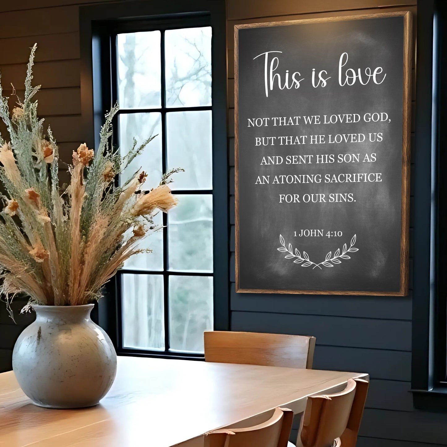 This Is Love canvas faith sign reads This is love 1 John 4:10 dark chalkboard wooden frame on Tampa Home & Garden Store