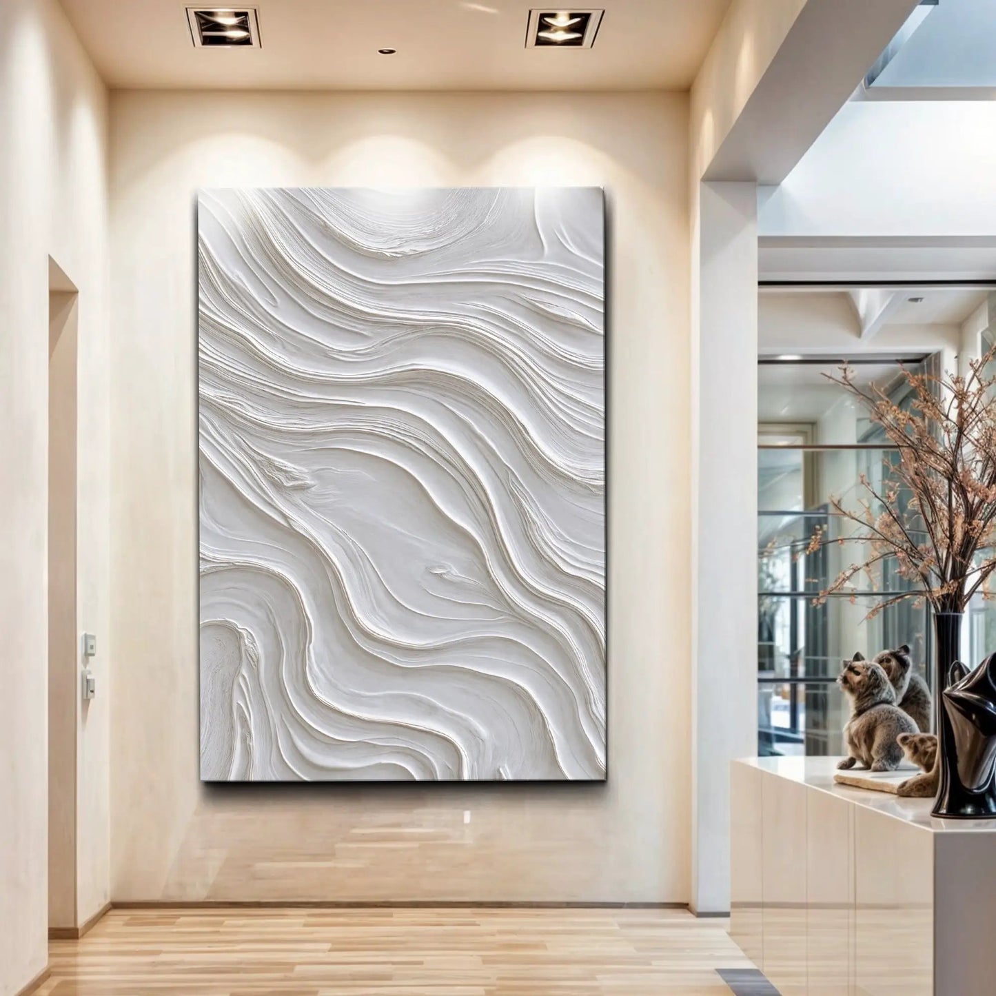 Minimalist Ocean Wave Wall Art canvas in white-gray with textured waves Tailored Canvases on Tampa Home & Garden Store