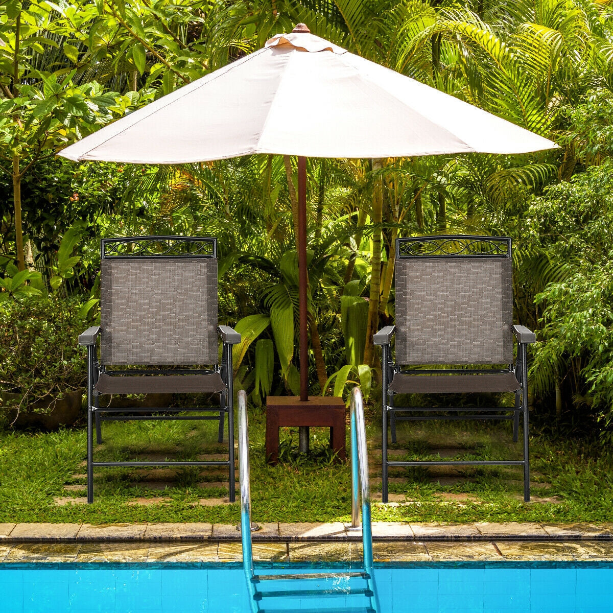 Juego de 2 sillas plegables de patio, sillas portátiles de comedor con reposabrazos tipo cabestrillo