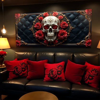 3D Rose and Skull Wall Art VII canvas by Tailored Canvases with gold frame and red roses on Tampa Home & Garden Store