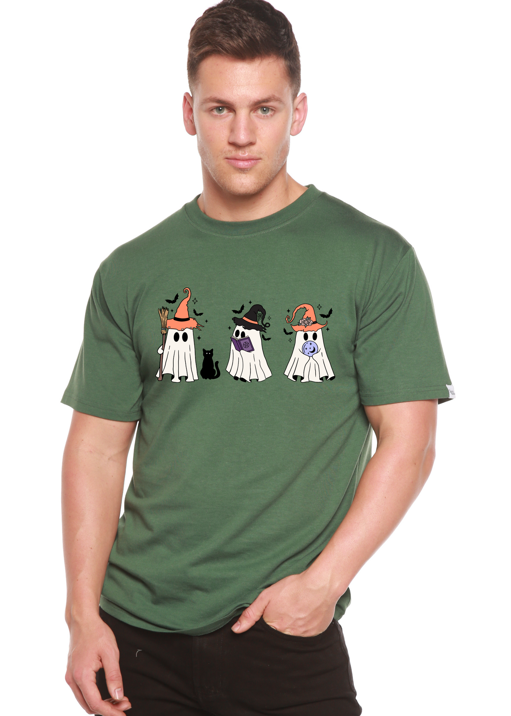 Mens Halloween Boo bamboo viscose T-shirt in olive green with three hat-wearing ghosts on Tampa Home & Garden Store