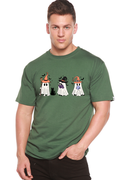 Mens Halloween Boo bamboo viscose T-shirt in olive green with three hat-wearing ghosts on Tampa Home & Garden Store