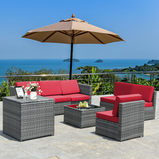 8 Piece Wicker Sofa Rattan Dinning Set Patio Furniture with Storage Table-Red - Tampa Home & Garden Store