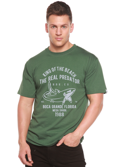 Shark Real Spun Bamboo men's graphic T-shirt olive green with white shark print on Tampa Home & Garden Store