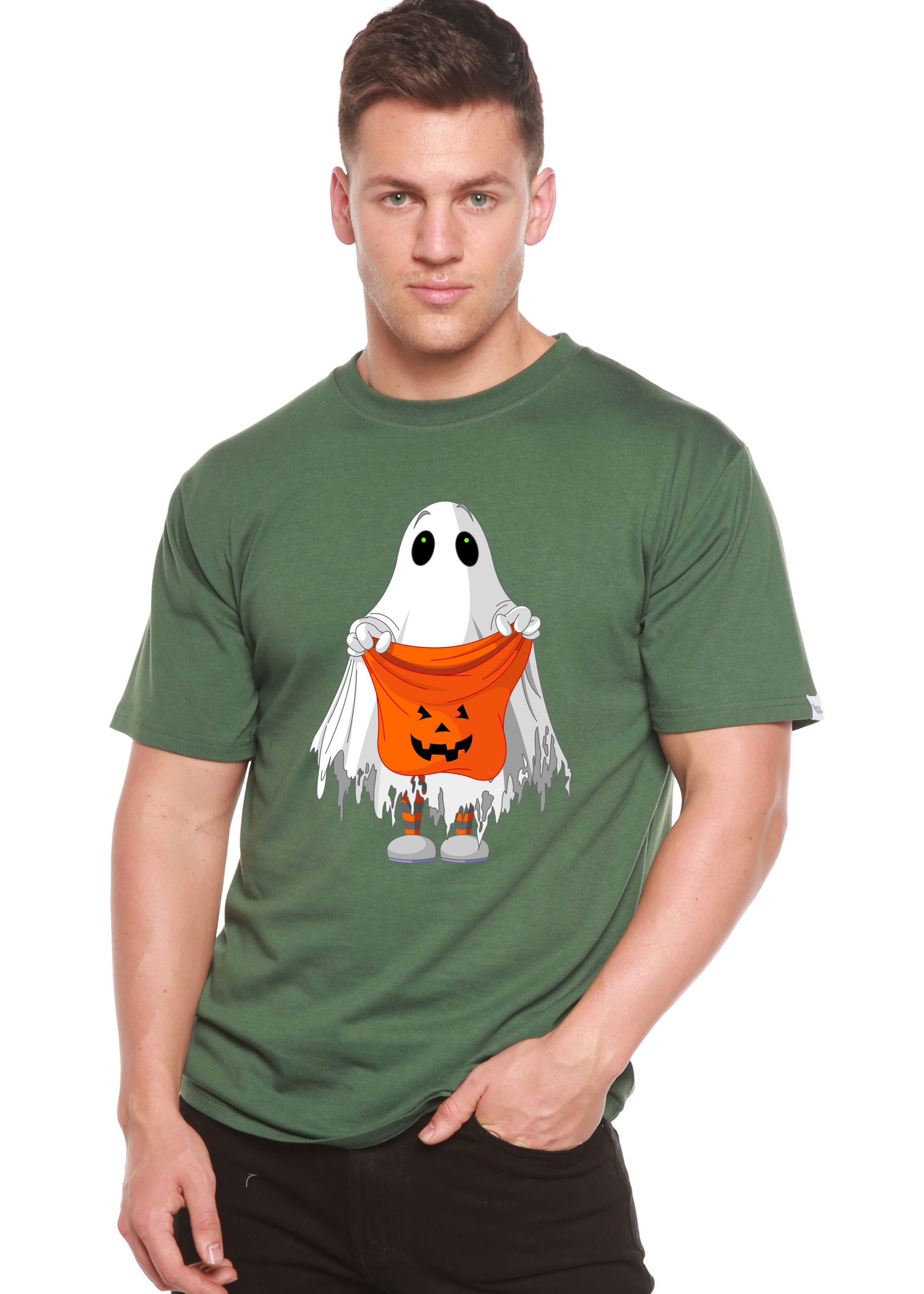Boo Halloween men's graphic T-shirt olive green ghost with pumpkin bucket by Spun Bamboo on Tampa Home & Garden Store