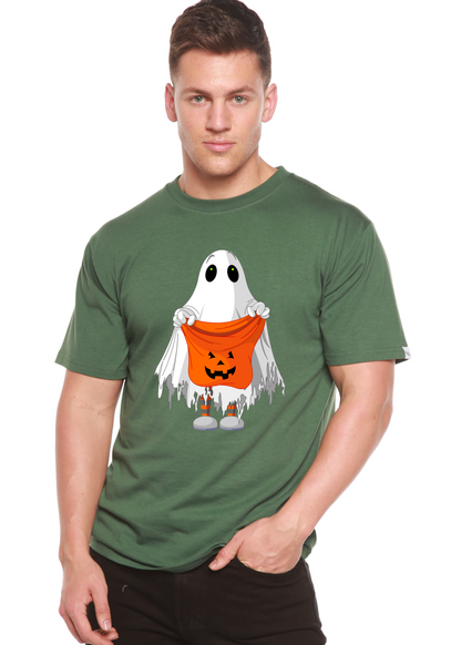 Boo Halloween men's graphic T-shirt olive green ghost with pumpkin bucket by Spun Bamboo on Tampa Home & Garden Store
