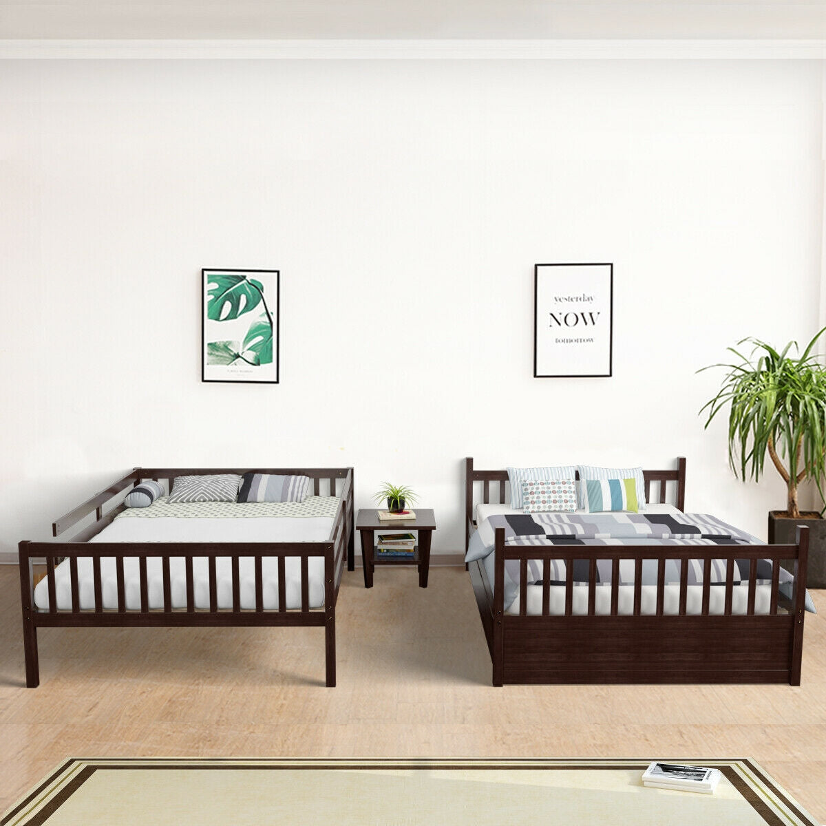 Cama litera matrimonial sobre matrimonial de plataforma de madera con escalera - Marrón