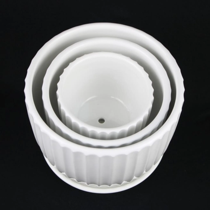 Florinia 3-piece white ceramic planter set with vertical fluted design and matching saucers on Tampa Home & Garden Store