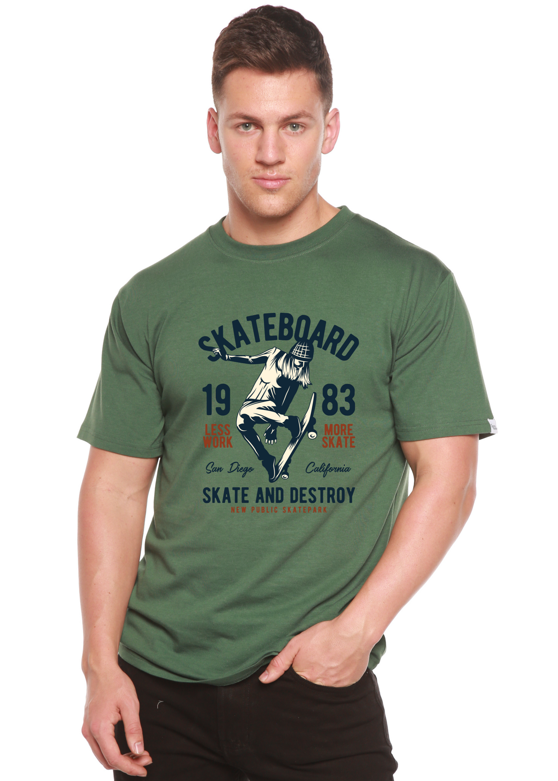 Skateboard 1983 graphic tee, men's printed shirt in green bamboo viscose/organic cotton on Tampa Home & Garden Store