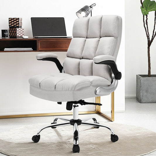 Adjustable Swivel Office Chair with High Back and Flip-up Arm for Home and Office-Beige - Tampa Home & Garden Store