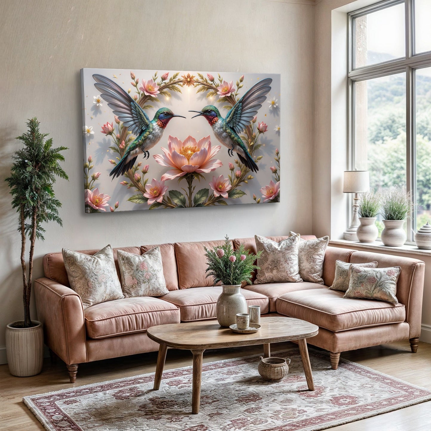 3D Hummingbirds Wall Art VI canvas by Tailored Canvases with hummingbirds among pink flowers on Tampa Home & Garden Store