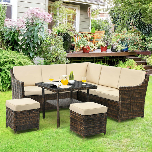 6 Pieces Patio Rattan Dining Sofa Funiture Set - Tampa Home & Garden Store