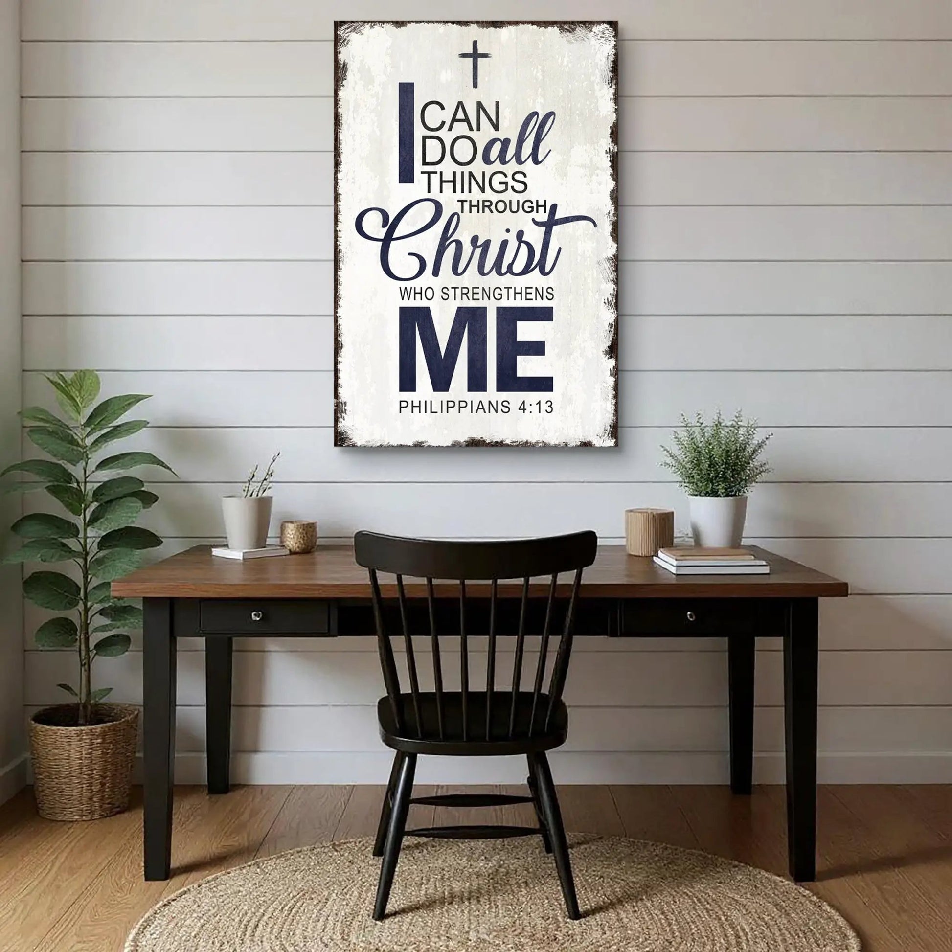 Canvas faith sign by Tailored Canvases with distressed white plank finish Philippians 4:13 on Tampa Home & Garden Store