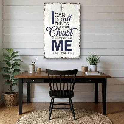 Canvas faith sign by Tailored Canvases with distressed white plank finish Philippians 4:13 on Tampa Home & Garden Store