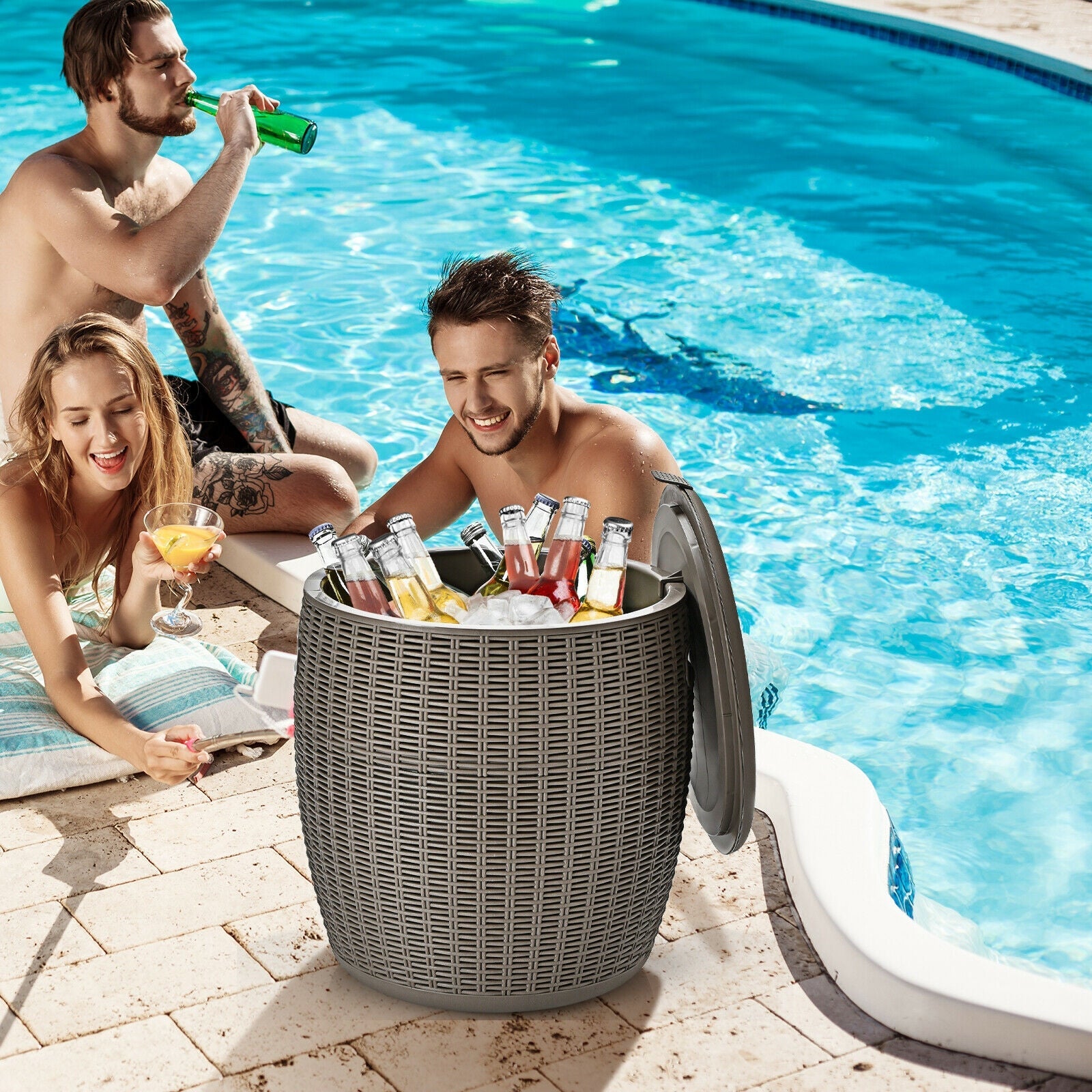 9.5 gal 4-in-1 patio gray rattan cooler bar table with ice and bottles by pool on Tampa Home & Garden Store