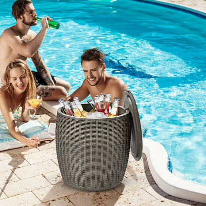 9.5 gal 4-in-1 patio gray rattan cooler bar table with ice and bottles by pool on Tampa Home & Garden Store