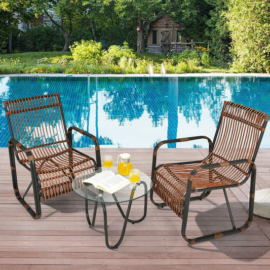 3 Pieces Patio Rattan Furniture Set with 2 Single Wicker Chairs and Glass Side Table - Tampa Home & Garden Store