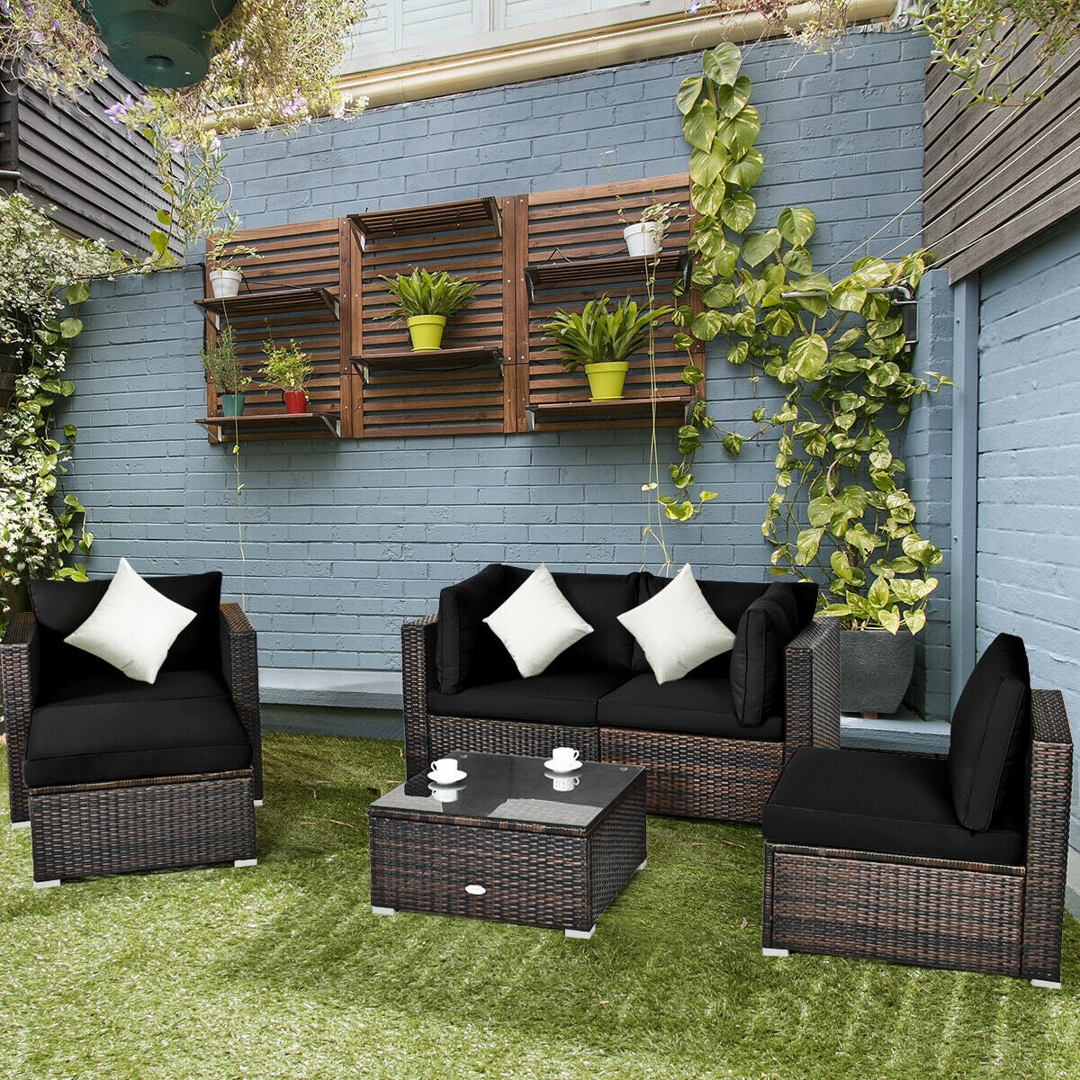 Juego de muebles de patio de ratán de 6 piezas con cojín seccional - Negro