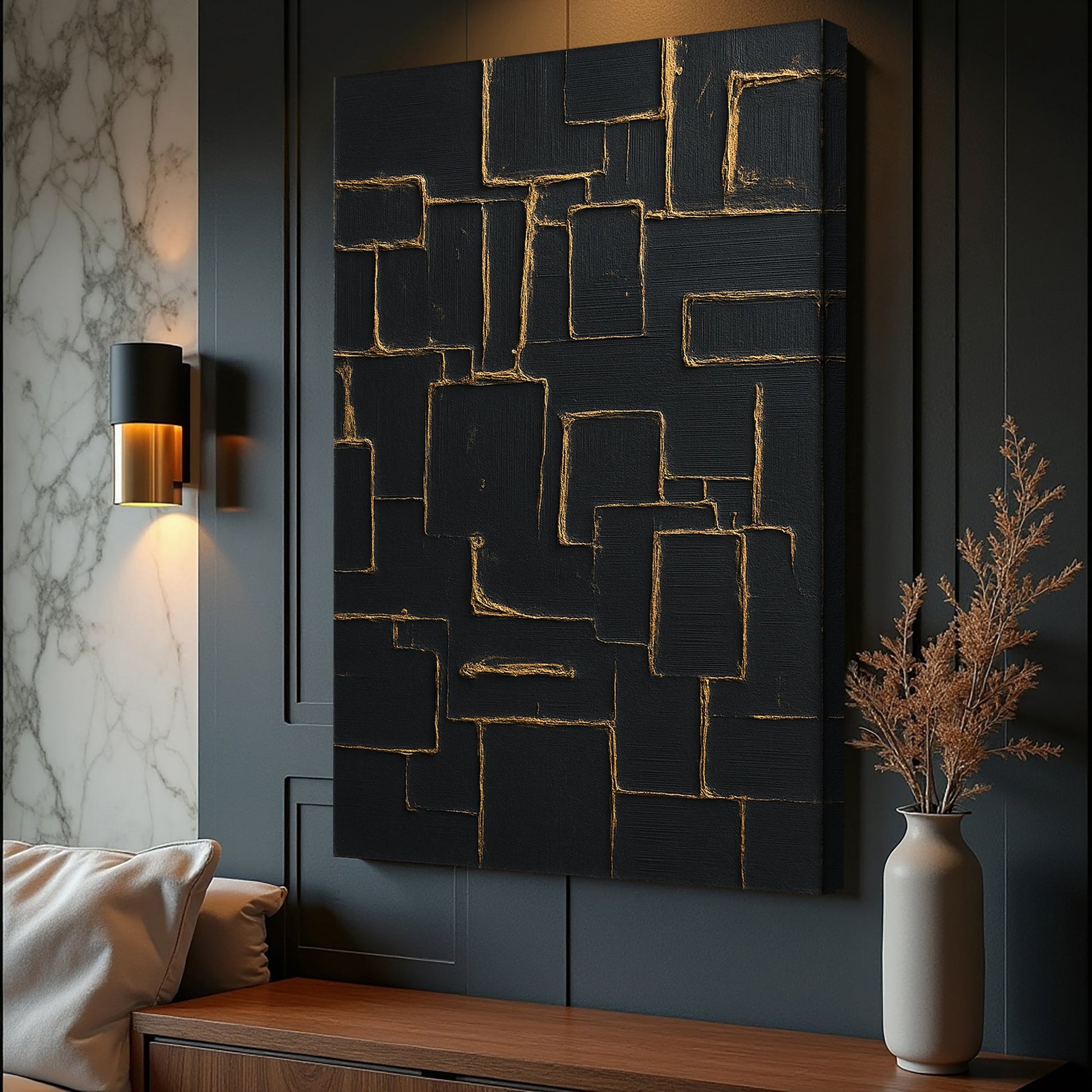 Contemporary black and gold canvas wall art featuring geometric rectangles Tailored Canvases on Tampa Home & Garden Store
