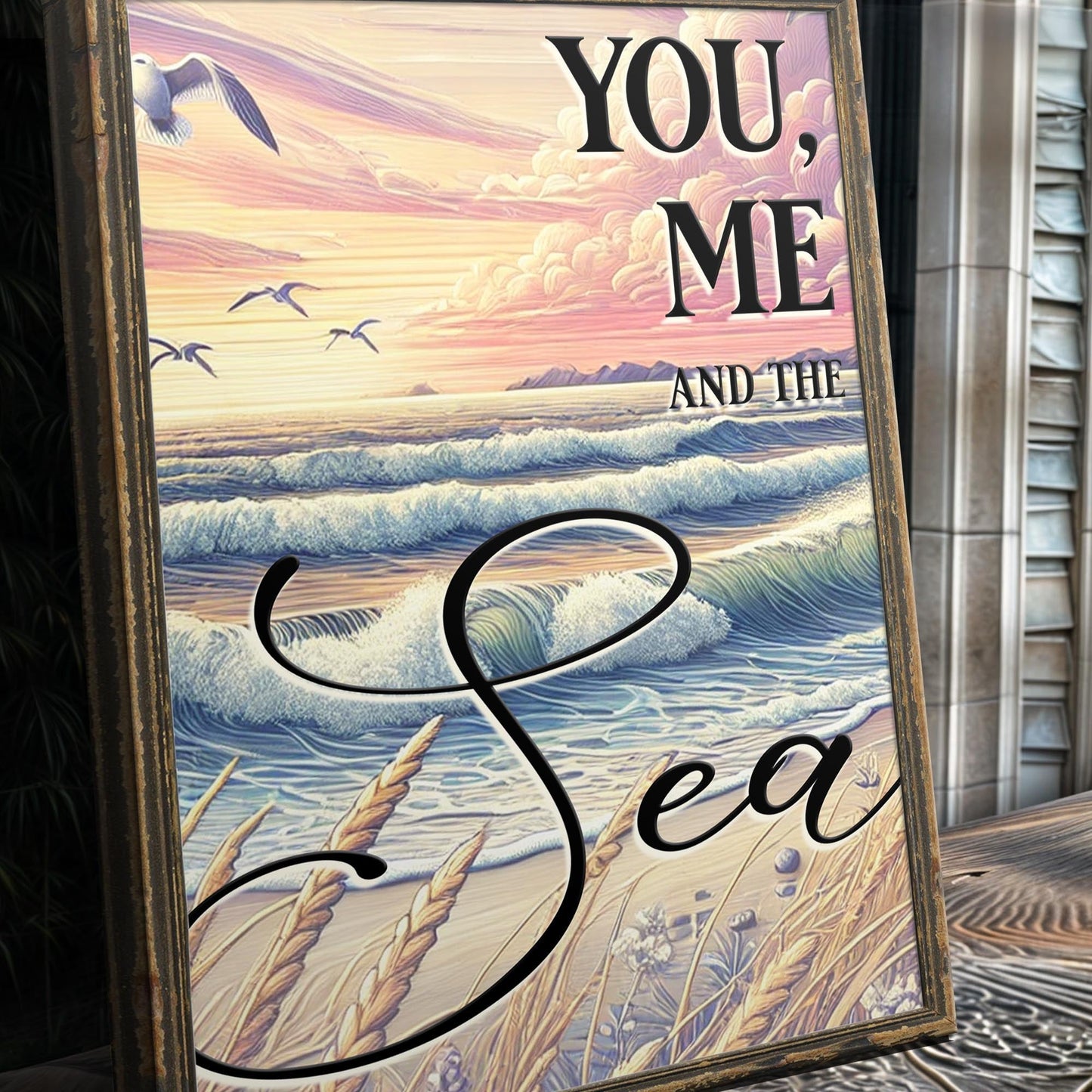 You Me and the Sea coastal sign canvas with pastel sunset and waves in a distressed frame on Tampa Home & Garden Store
