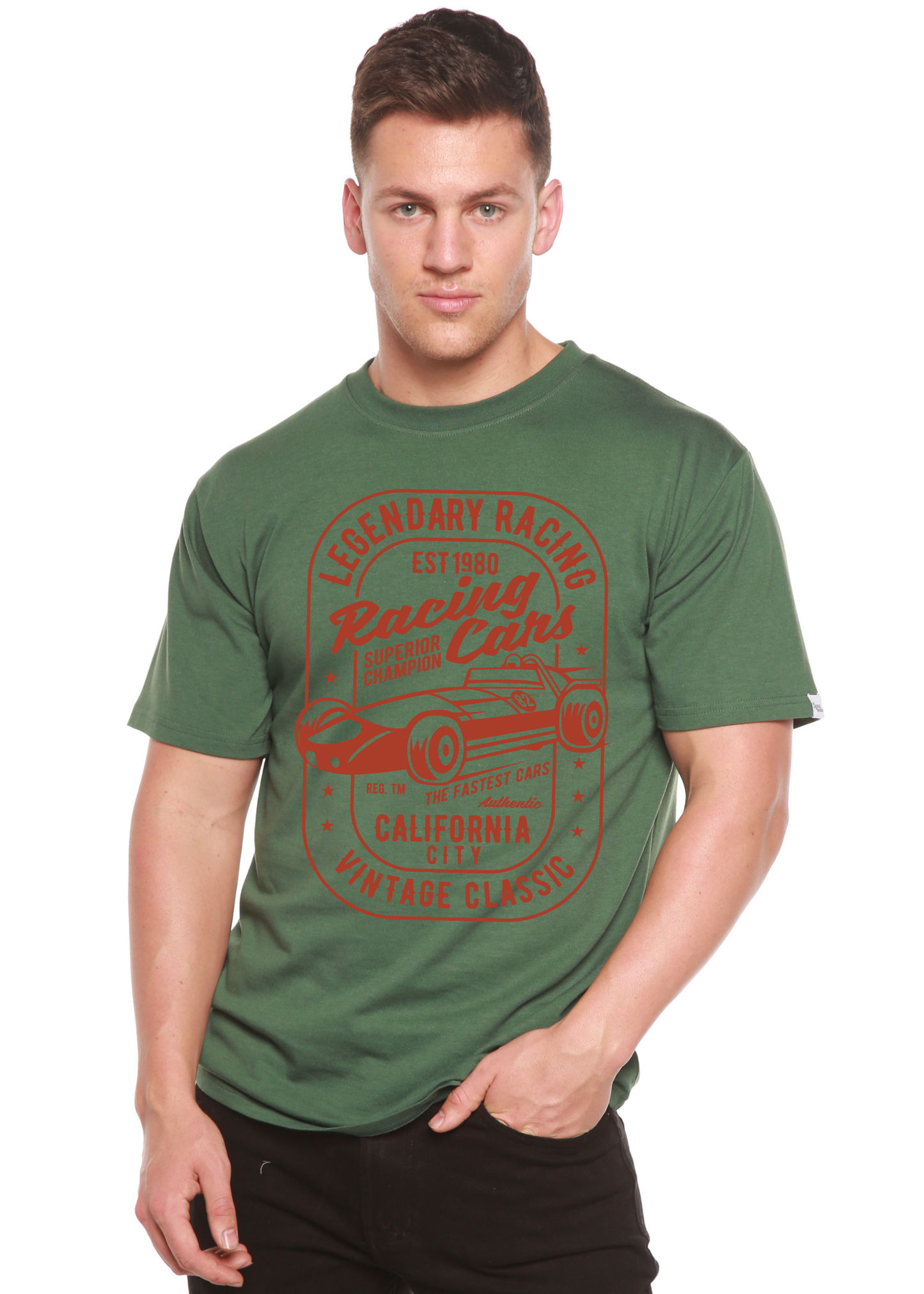 Legendary Racing Cars men's bamboo viscose/organic cotton green sleeve tee with red car print on Tampa Home & Garden Store