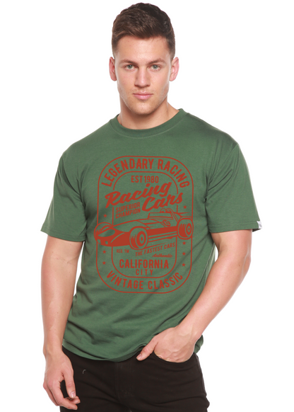 Legendary Racing Cars men's bamboo viscose/organic cotton green sleeve tee with red car print on Tampa Home & Garden Store