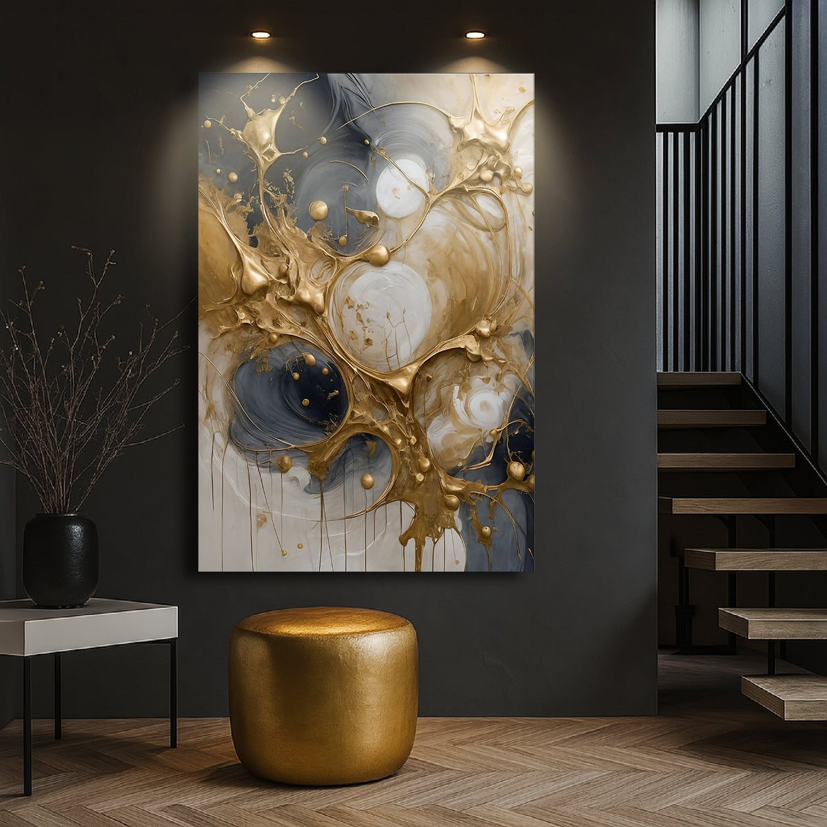 Black and Gold Splash Canvas wall art with gold swirls on gray backdrop, crafting canvas on Tampa Home & Garden Store