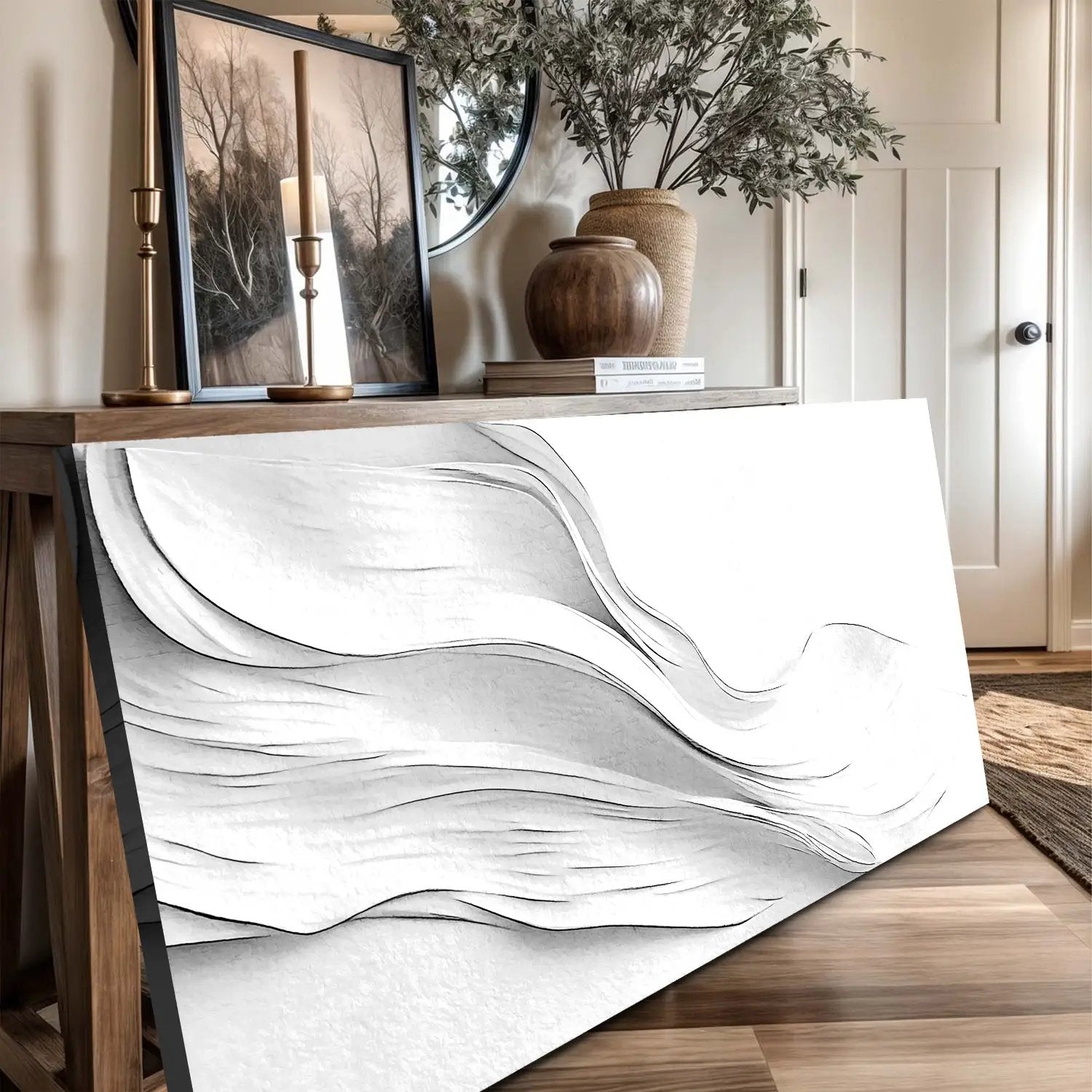 White Minimalist Wall Art canvas by Tailored Canvases, abstract flowing lines on Tampa Home & Garden Store