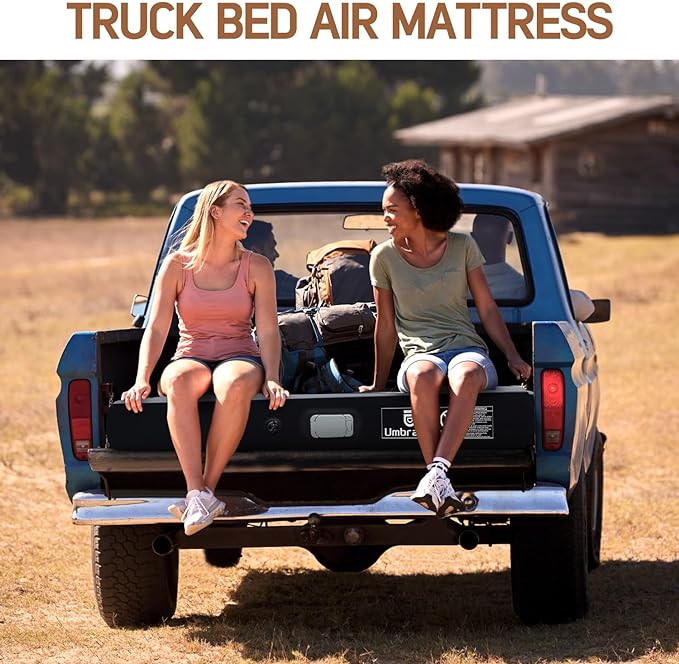 Umbrauto 5.5–6.5ft truck bed air mattress with built-in pump in blue pickup bed, two at tailgate on Tampa Home & Garden Store