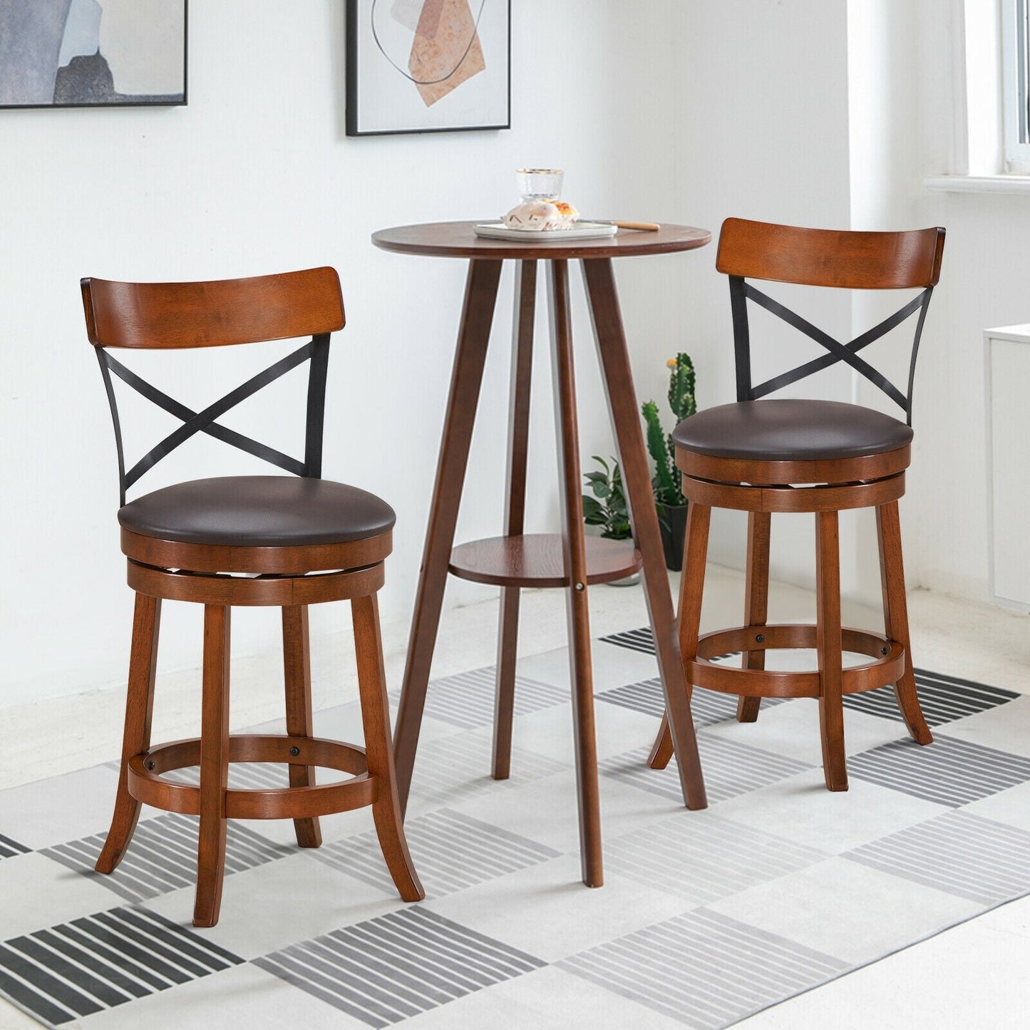 Juego de 2 Taburetes de Bar Sillas de Bar de Comedor Giratorias 360 Grados con Patas de Madera de Caucho-25 pulgadas