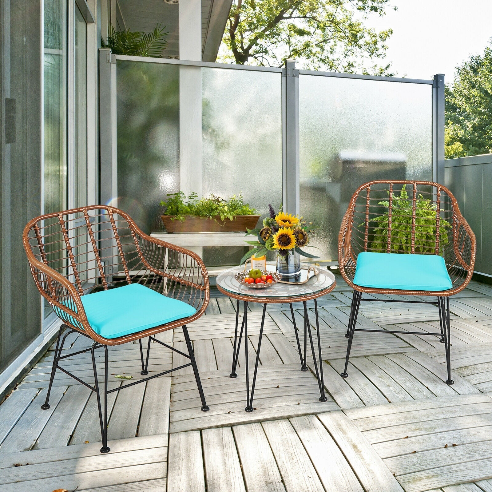 3-Piece Rattan Bistro Set with Cushions and Glass Table DirectDeals on deck turquoise cushions on Tampa Home & Garden Store