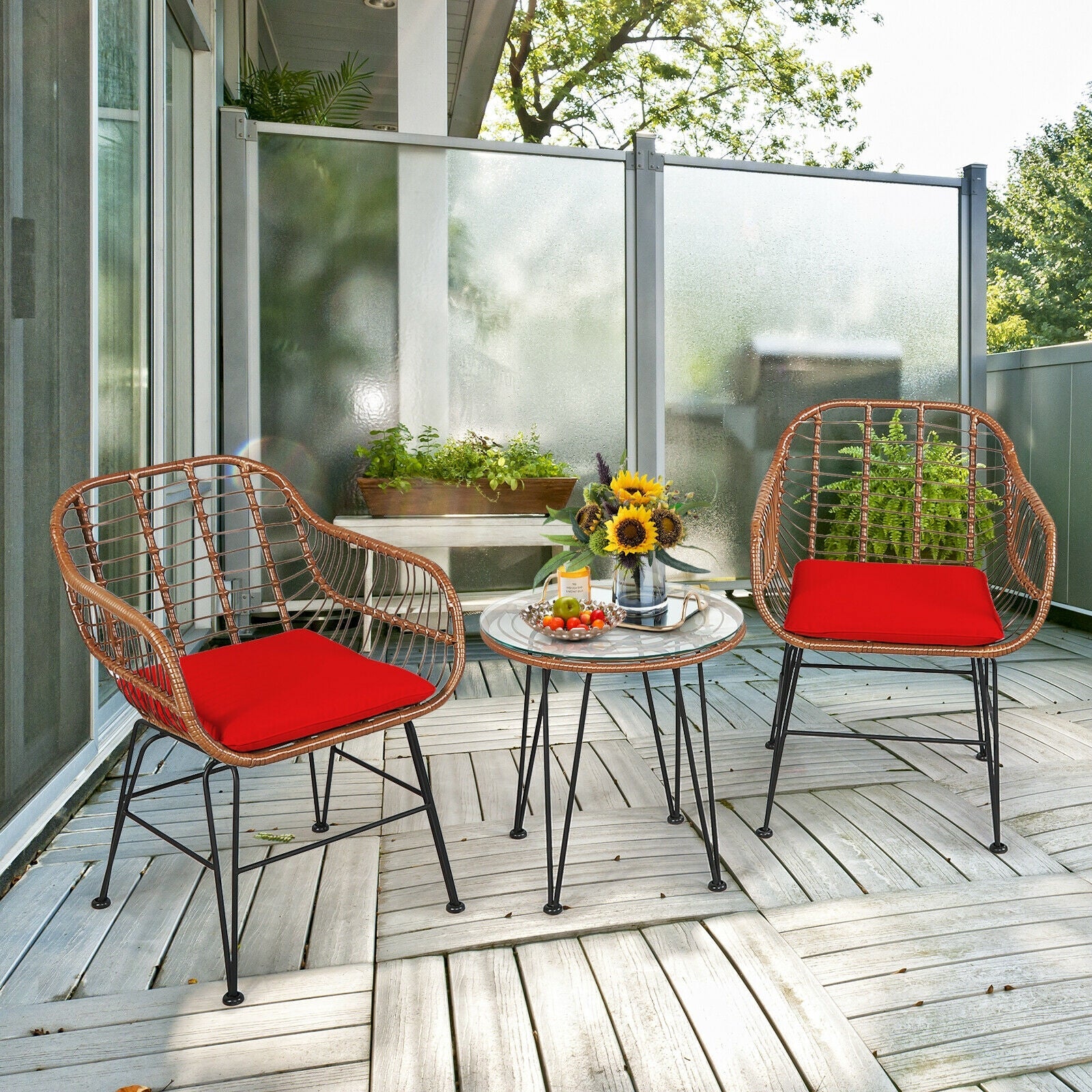 3-Piece Rattan Bistro Set with Cushions and Glass Table DirectDeals (2 chairs) on a patio on Tampa Home & Garden Store