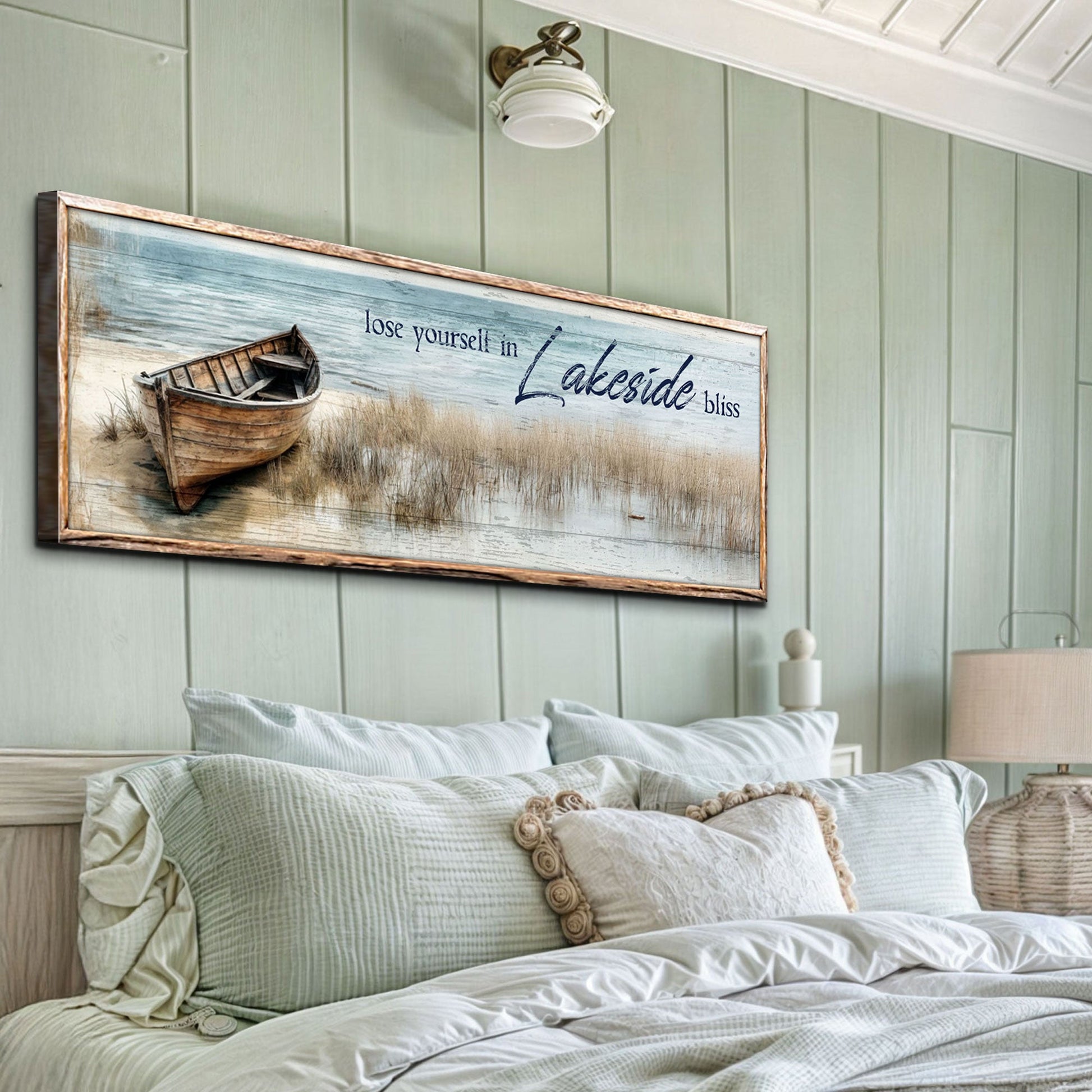 Canvas Lose Yourself in Lakeside Bliss Lake House Coastal Sign II Tailored Canvases boat on blue panel on Tampa Home & Garden Store