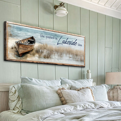 Canvas Lose Yourself in Lakeside Bliss Lake House Coastal Sign II Tailored Canvases boat on blue panel on Tampa Home & Garden Store