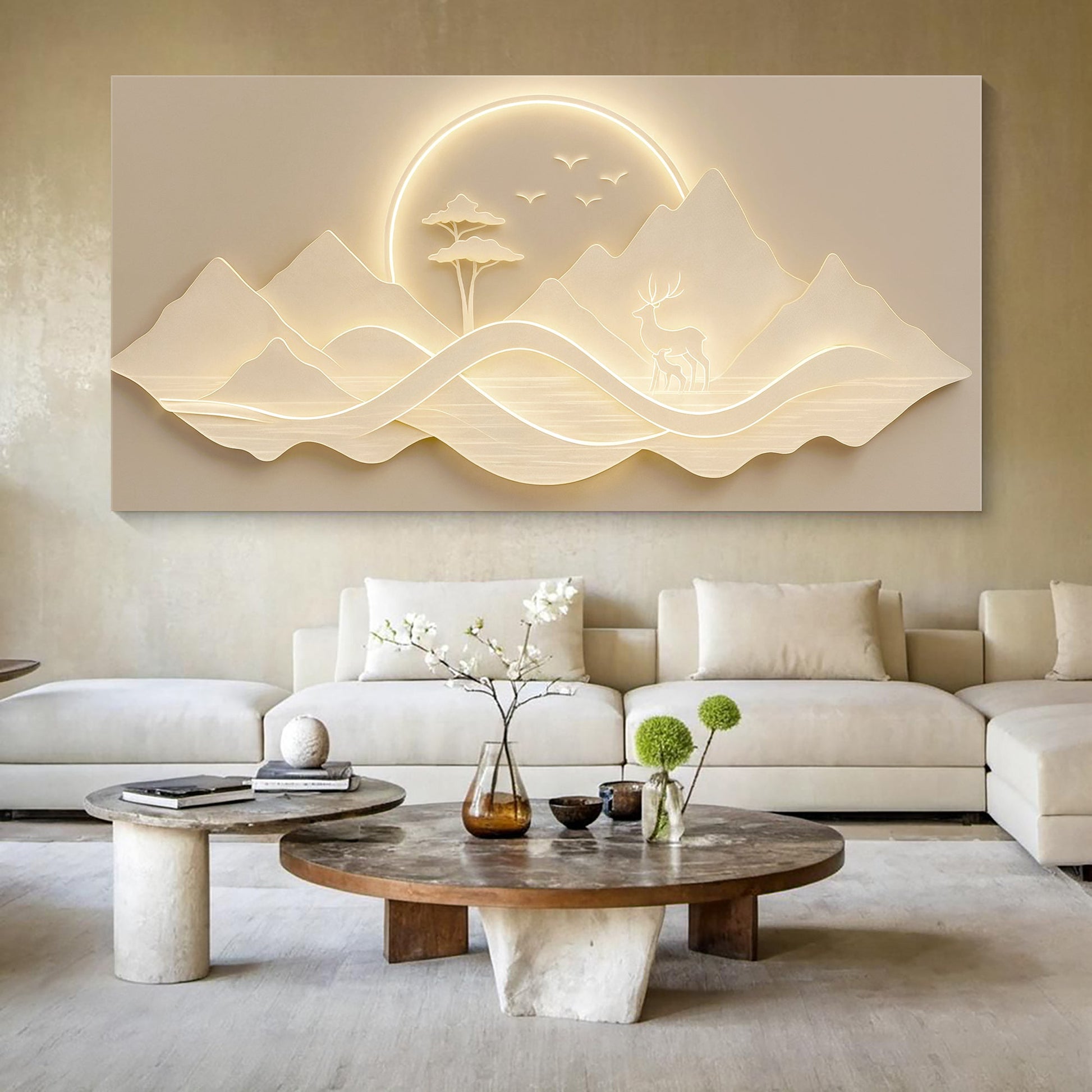 Modern Mountain Landscape Wall Art canvas by Tailored Canvases, cream layered mountains with deer on Tampa Home & Garden Store