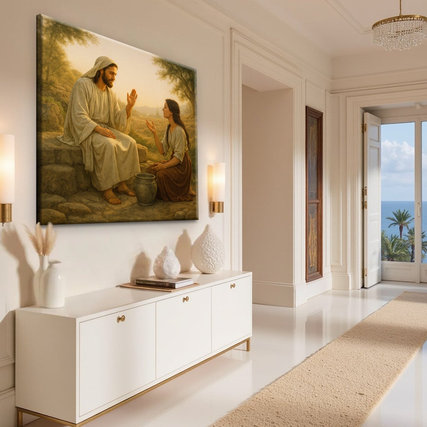 Samaritan at the Well Faith Wall Art II canvas by Tailored Canvases in a bright hallway on Tampa Home & Garden Store
